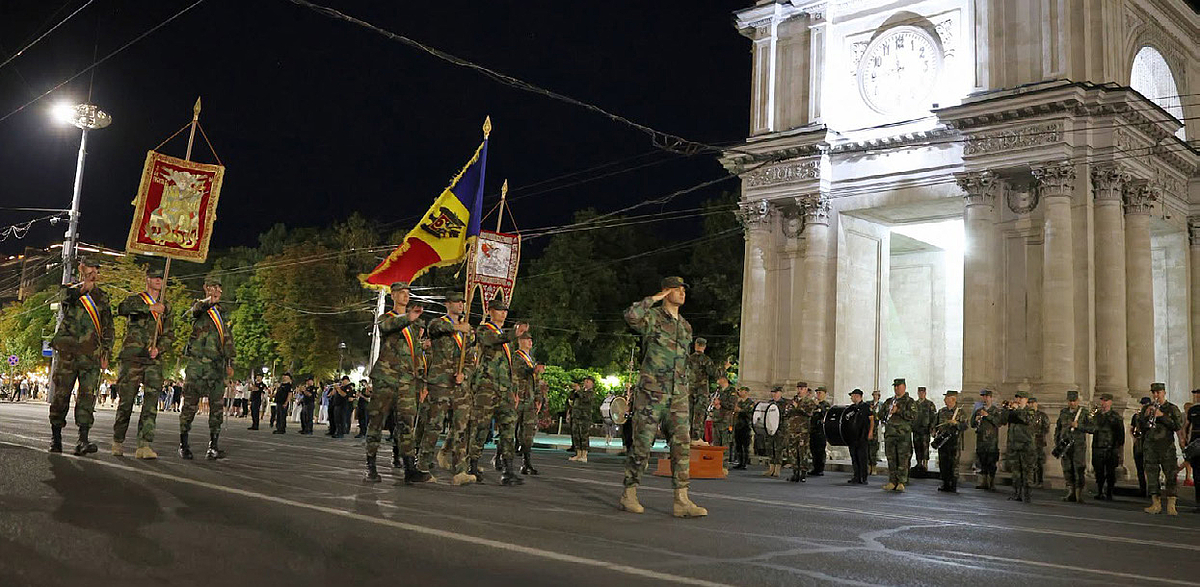 Moldovan military personnel rehearse for the Independence Day military parade on 27 August 2026. Source: Ministry of Defence.